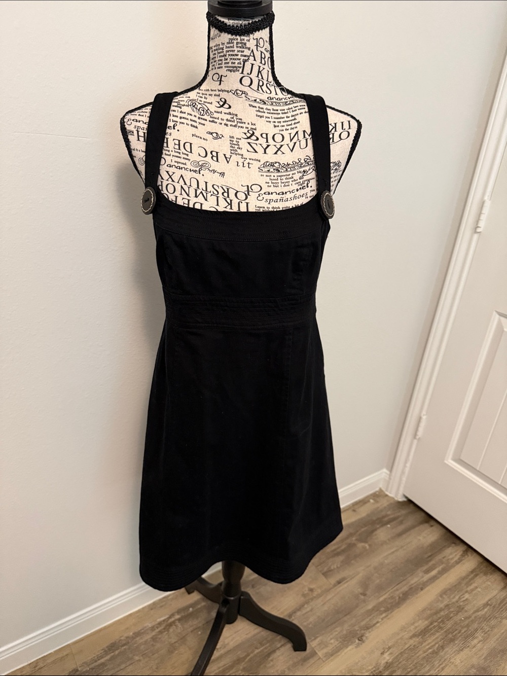 Black Mini Dress with Button-Strap Detail